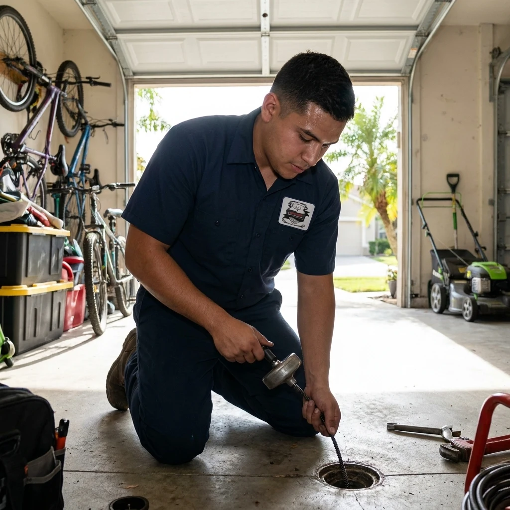 Garage floor drain being cleared at a Hernando Beach house