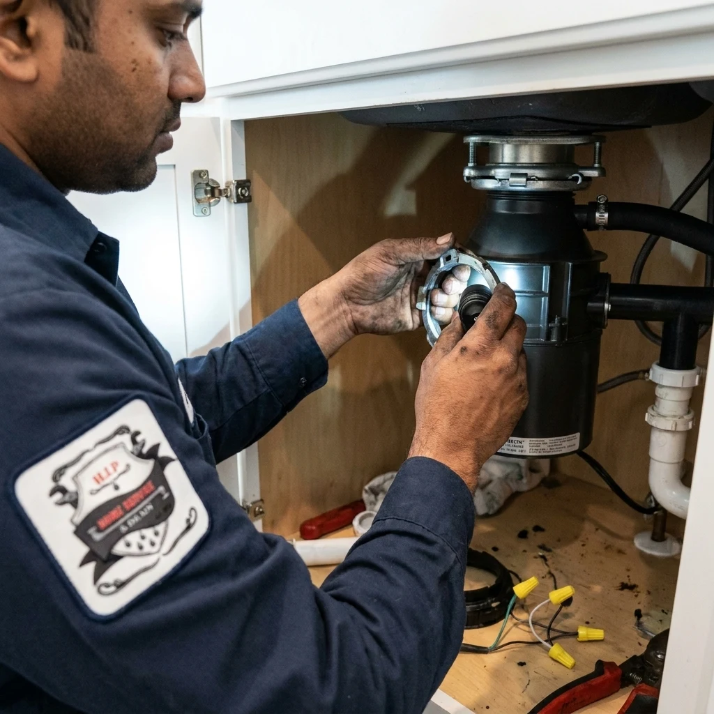 Technician working on a garbage disposal under a Spring Hill kitchen sink to rule it out